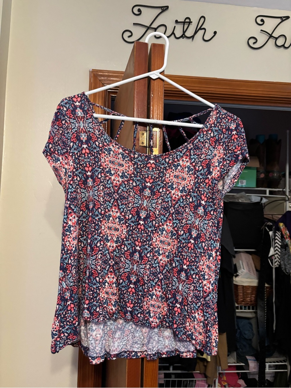 Pink Rose Navy and Coral Printed Short Sleeve Blouse